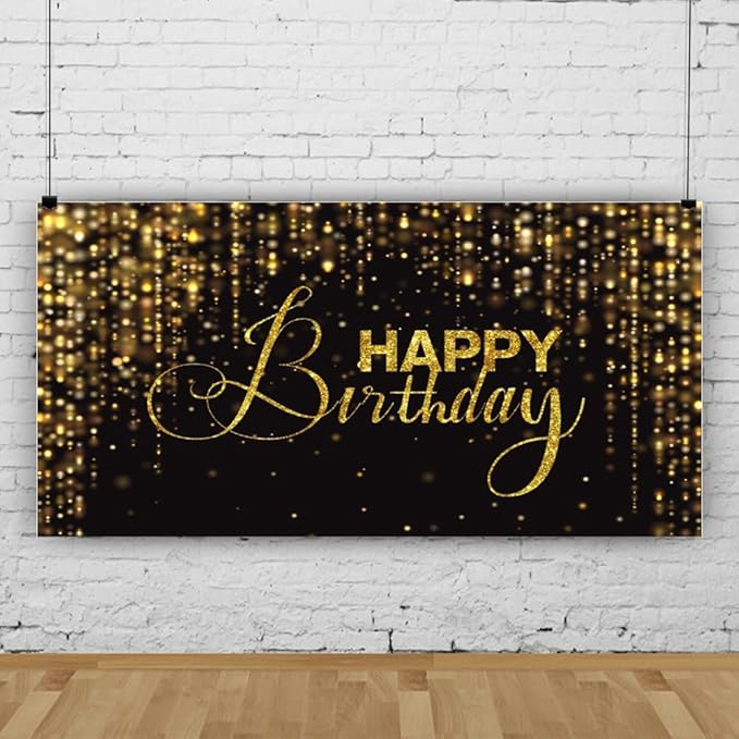 Happy Birthday Backdrop for Photography 15x8ft Luxury Black and Gold Birthday Party Backdrop Background Banner Bokeh Glitter Men Birthday Party Decorations Supplies Wallpaper Studio Props