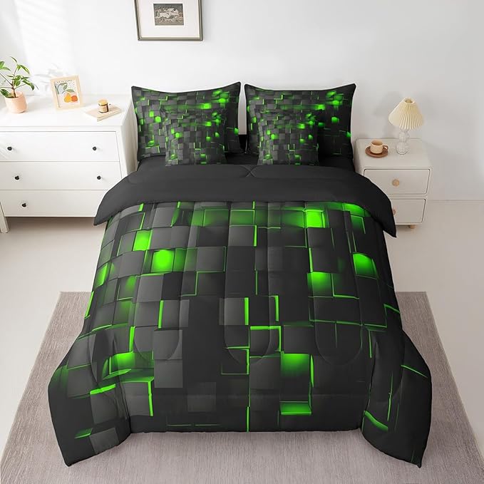 Feelyou Green and Black Bedding Set Full Size Kids Light Geometric Comforter Set with Sheets 7 Piece Bed in a Bag forModern Bed Set with Comforter,Sheets,Pillowcases,Cushion Covers