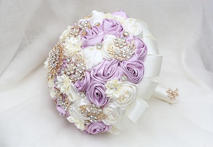 Wedding Bridal Bouquet Handmade with Luxury Gold Rhinestone Brooch for Bride Bridesmaid Quinceanera Bouquet Satin Rose Flower Bouquet Wedding Lilac and Ivory 9.8in