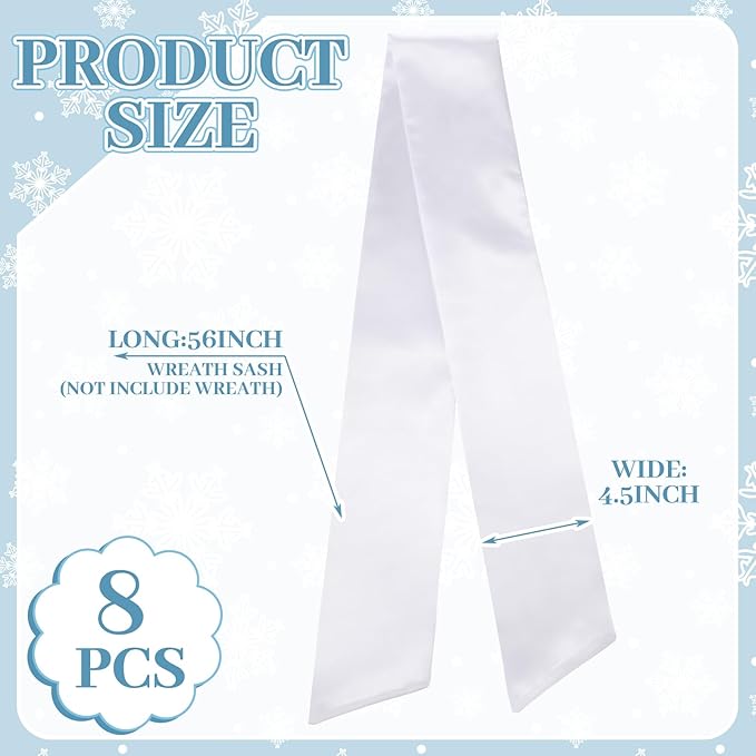 VitalCozy 8 Pcs Wreath Sash for Front Door Blank Wreath Sash Accessories Embroidery Plain Blanks for Embroidery Monogram Party Farmhouse Indoor Outdoor Wedding Decor (4.49" X 56.30",White)