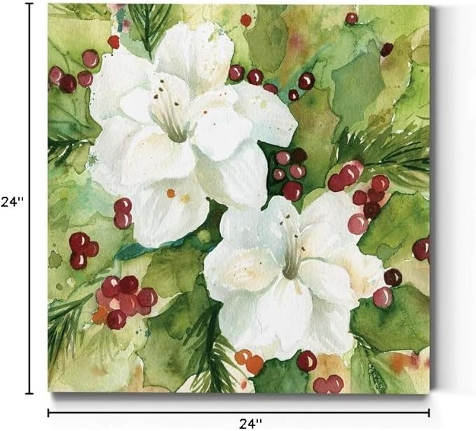 Renditions Gallery Holly Leaves Wall Art, Christmas & Winter Artwork, Festive Red & Green, Flowers, Floral, Premium Gallery Wrapped Canvas Decor, Ready to Hang, 24 in H x 24 in W, Made in America