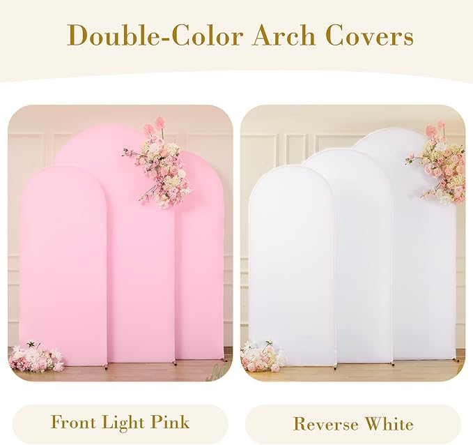 White and Pink Arch Cover 3 Set-7.2FT, 6.6FT, 6FT Arch Backdrop Cover Spandex Fitted 2-Color Fabric Stand Covers for Baby Shower Gilrs Birthday Party Ceremony Banquet Photo Background Decorations