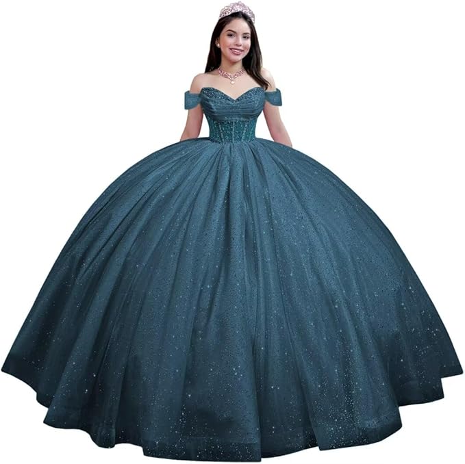 Youjiayi Glitter Tulle Quinceanera Dresses with Train Off Shoulder Beaded Sweet 16 Dresses Pleated Long Ball Gown for Women