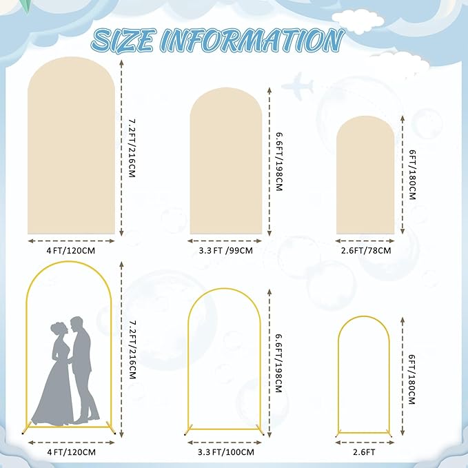 FOTSHARER Wedding Arch Stand and Cover Set of 3 Gold Arch Backdrop Stand with Beige Arch Covers 7.2FT 6.6FT 6FT Background Arch Stand for Garden Arbor Wedding Backdrop Stand Party Anniversary Decor