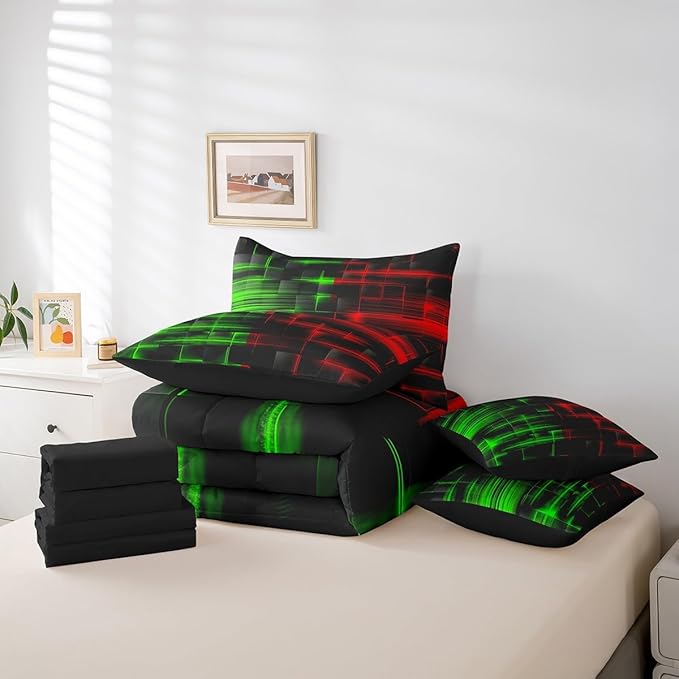 Feelyou Red and Green Comforter Set with Sheets 7 Piece Full Size Kids Geometric Bed in a Bag Strip Lines Bedding Set Abstract Art Bed Set with Comforter, Sheets,Pillowcases,Cushion Covers