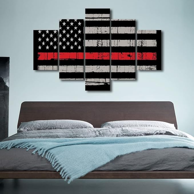 TISHIRON 5 Piece American Flag Wall Art Black and White Graffiti Red Line Painting Prints Artwork Modern Home Decor Canvas Wall Art for Home and Office Wooden Decoration Framed Ready to Hang 60x40 in
