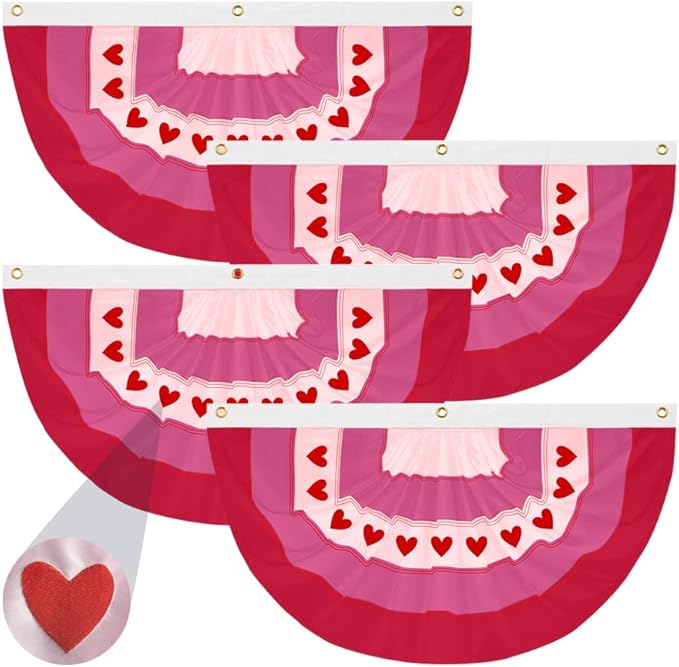 4Pcs Valentine Bunting Flags 2x4Ft Embroidered Love Heart Half Fan Valentine’s Day Galentine’s Day Decor Banner for Outdoor Porch Garden Fence Décor Engagement Party Anniversary/Wedding