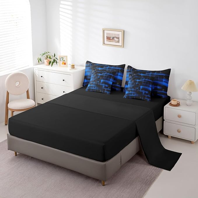 Feelyou Blue Black Bedding Set Twin Size Boys Girls Geometric Strip Lines Comforter Set with Sheets 7 Piece forBed in a Bag Abstract Modern Bed Set with Comforter,Sheets,Pillowcases