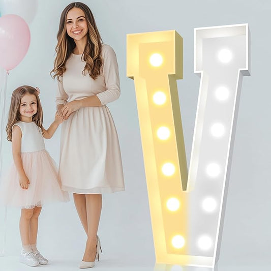 Pooqla 4 FT Marquee Light Up Letters, Cool White and Warm White Giant LED Sign Marquee Letter 4 Feet Tall，Big Mosaic Letter V for Balloons Birthday Party Anniversary Wedding Decorations