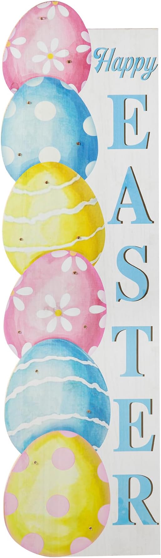 Glitzhome 42" Lighted Wooden Easter Porch Sign with Timer, Stacked Eggs Vertical Welcome Sign for Front Door Indoor Outdoor Spring Easter Party Decor