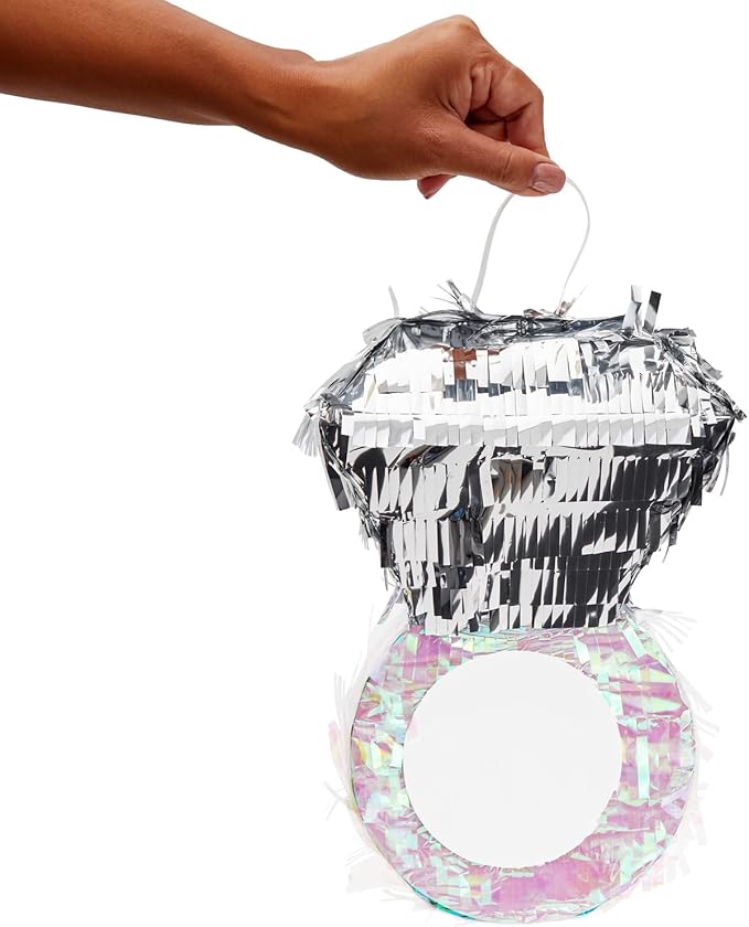 Juvale Diamond Ring Pinata - Interactive Bridal Shower Games - Bachelorette Party Decor & Accessories - Durable Metallic Finish for Engagement Party Decor - 7.2 x 7.1 x 11 in, Silver & Pink