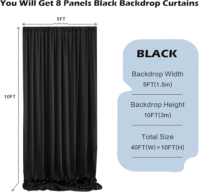 40ft x 10ft Wrinkle Free Black Backdrop Curtain for Parties, 8 Panels Silky Polyester Black Wedding Drapes for Backdrop 10 ft Photo Back Drop Cloth for Birthday Graduation Photography Background