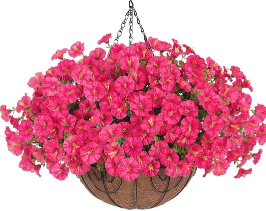 Artificial Fake Hanging Flowers Plants Baskets for Outdoors Spring Summer Decor, Faux Silk Morning Glory in Planter UV Resistant Realistic for Outside Porch Patio Balcony Garden Yard Home, Hotpink