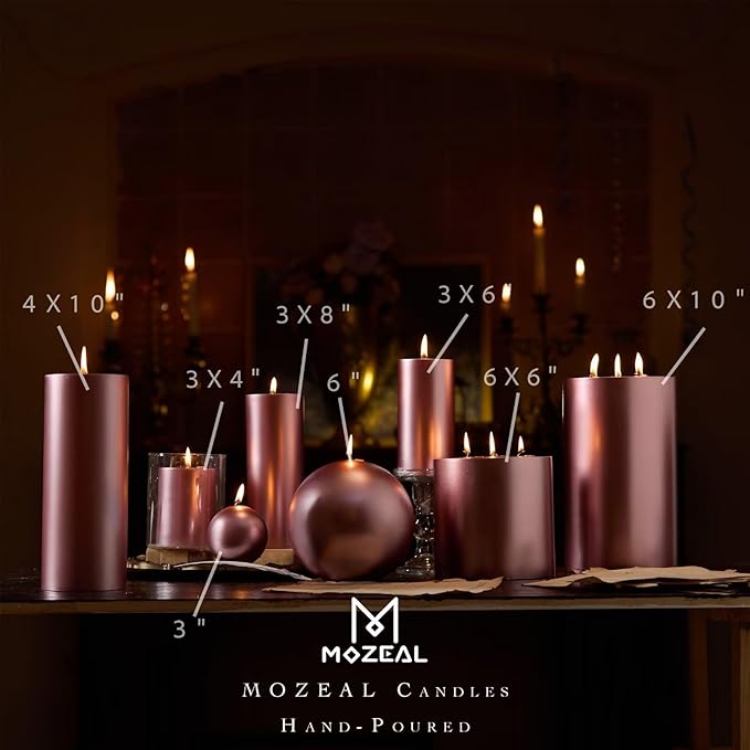 MOZEAL 4" x 10" Extra-Large Rose Gold Pillar Candles (Set of 2), Unscented, Dripless, Smokeless, Long Clean-Burning, Tall 10 inch Large Rose Gold Pillar Candles for New Year's Decor