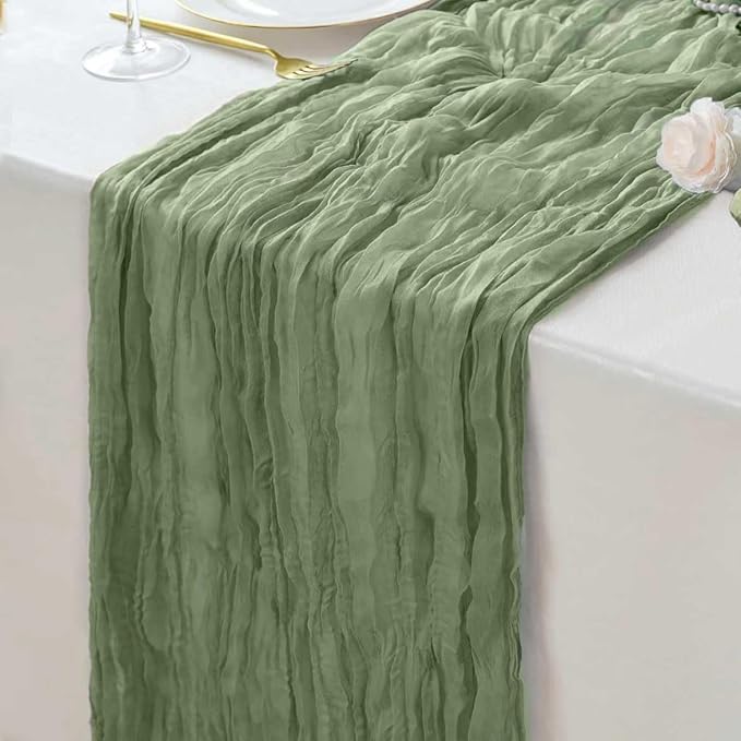 12 Pack Sage Green Cheesecloth Table Runner 35 x 120 Inch Gauze Fabric Boho Christmas Table Runner for Wedding Arch, Rustic Bridal Shower, Baby Shower, Party Decorations, Farmhouse Home Decor