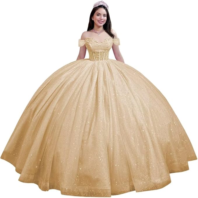 Youjiayi Glitter Tulle Quinceanera Dresses with Train Off Shoulder Beaded Sweet 16 Dresses Pleated Long Ball Gown for Women