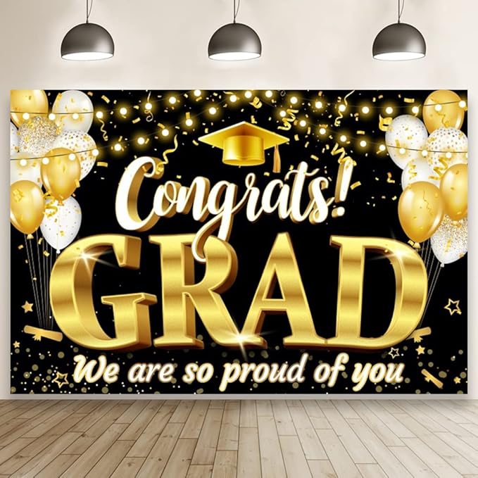 Black Gold Graduation Backdrop 2025 Grad Congrats Banner for Graduation Party Decoration Class of 2025 Commencement Decoration Prom Party Supplies Decorations Banner Photo Booth Props 10x8ft