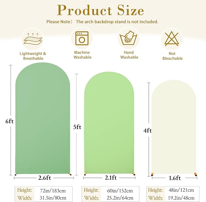 Green Arch Backdrop Cover 3 Set-4FT, 5FT, 6FT Spandex Fitted Wedding Arch Stand Covers for Baby Shower Birthday Party Wedding Ceremony Photo Balloon Arch Stand Background Decorations