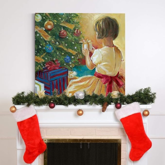 Renditions Gallery Christmas Morning Wall Art, Little Girl with Gift by Christmas Tree, Winter Artwork, Yellow & Red, Premium Gallery Wrapped Canvas, Ready to Hang, 24 in H x 24 in W, Made in America