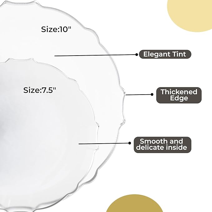 Exquisite Tinted Plates 80 Piece Plastic Disposable Plates for Party Set For 40 Guests 40 X 7.5 Dessert Plates & 40 X 10 Thin Delicate Fancy Plastic Plates Disposable Dinnerware Clear Silver Rim