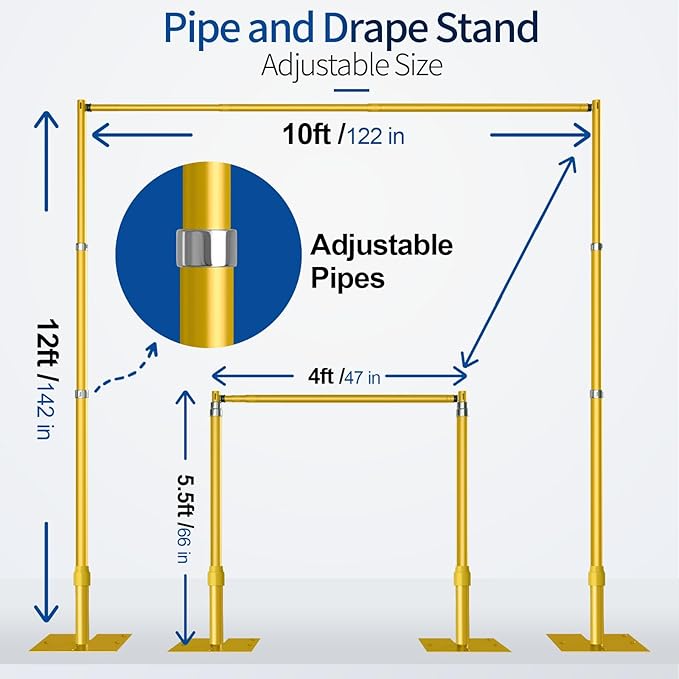 Pipe and Drape Backdrop Stand, 12x10ft Heavy Duty Adjustable Background Frame with Metal Base, Back Drop Holder for Parties Photography Wedding Photoshoot Decoration - Gold