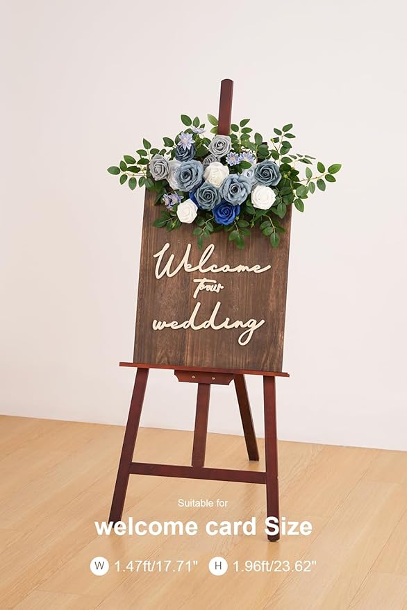 2pcs Blue & Grey Deluxe Welcome Sign Artificial Flowers Wedding Backdrop Garland Hanging Floral Arrangements for Ceremony Reception Entryway Board Sweetheart Table