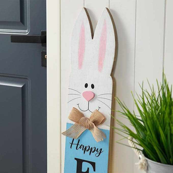 Glitzhome 42"H Wooden Double-Sided Easter Welcome Porch Sign with Bunny Ears Vertical Welcome Porch Décor Hanging Signs for Front Door or Indoor Home Decor