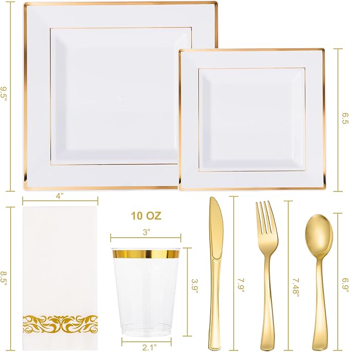 N9R 50 Guest Gold Dinnerware Set-100 White Square Plastic Plates with Gold Rim, 50 forks, 50 Spoons, 50 Knives, 50 Cups, 50 Napkins-Disposable Dinnerware Set for Wedding