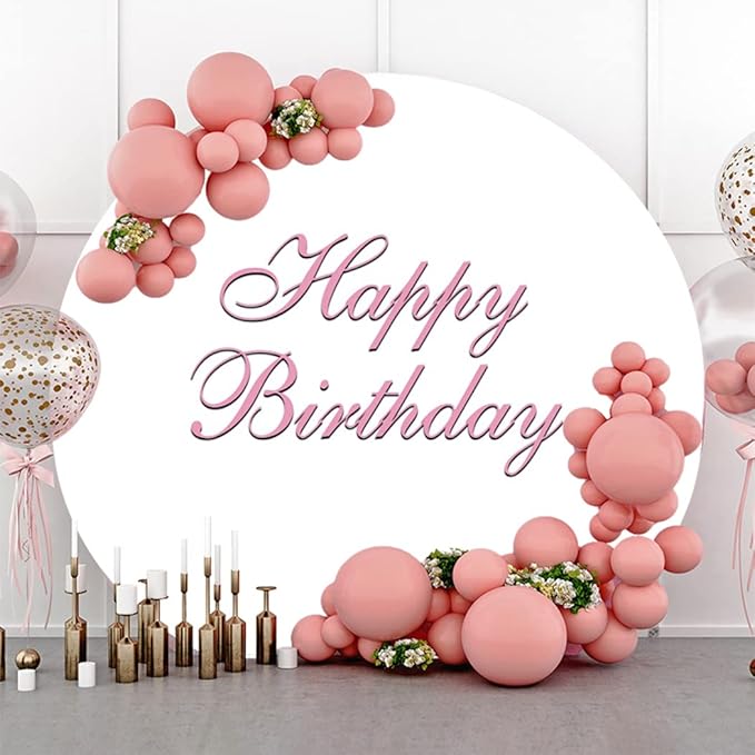OERJU Happy Birthday Round Backdrop Cover White and Pink Birthday Party Photography Background Girls Women Birthday Party Decoration Circle Backdrop Cover Cake Table Banner Photo Shoot Prop 6.5x6.5ft