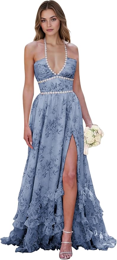 Floral Printed Chiffon Prom Dress for Carmen 2025 Long V Neck Floor Length Photoshoot Dress with Side Slit Ruched