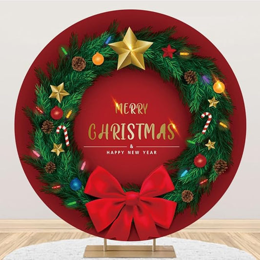 YongFoto 7.5x7.5ft Merry Christmas Round Backdrop Cover Green Exquisite Christmas Ring Red Bowknot Circle Background for Photography Happy New Year Eve Party Xmas Santa Party Festival Baby Shower