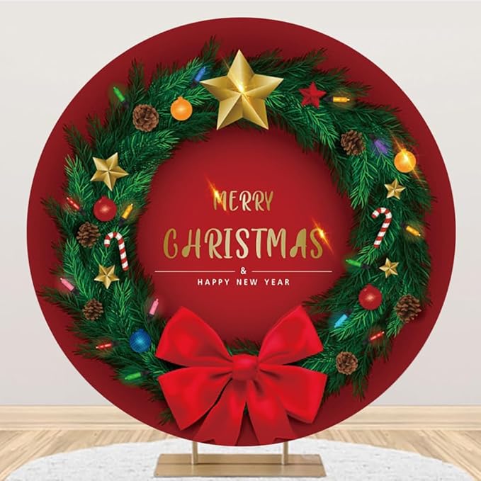 YongFoto 6.5x6.5ft Merry Christmas Round Backdrop Cover Green Exquisite Christmas Ring Red Bowknot Circle Background for Photography Happy New Year Eve Party Xmas Santa Party Festival Baby Shower