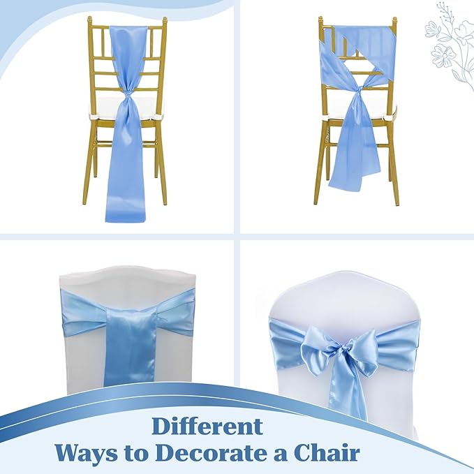 VDS Satin Chair Sashes Chair Cover Back Tie Sateen Bows Ribbon for Wedding Birthday Graduation Engagement Ceremony Event Party Banquet Venue Hotel All Dining Chair Decoration (50PC) (Baby Blue)