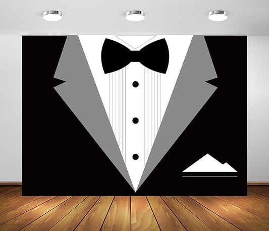 BELECO 7x5ft Fabric Gentleman Tuxedo Backdrop Black and White Bow Tie Suit Background Luxury Birthday Dinner Party Decor Banner Boy Men Father Bridegroom Photoshoot Studio Booth Props