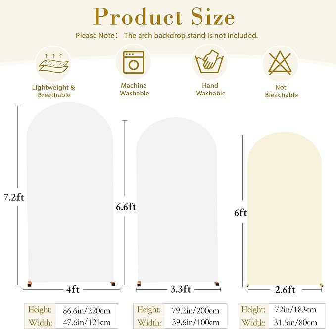 White and Beige Arch Cover 3 Set-7.2FT, 6.6FT, 6FT Arch Backdrop Cover Spandex Fitted 2- Color Fabric Stand Covers for Bridal Shower Baby Shower Birthday Party Wedding Photo Background Decorations