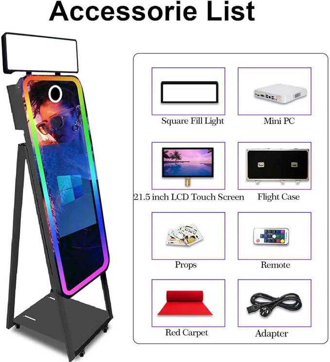 Magic Mirror Photo Booth,Mirror Photo Booth Interactive Touch Screen with Flight Case, Built-in Mini PC with Instant Print and Sharing for Event Party Wedding Rental (Black, 21.5''Screen+Camera)