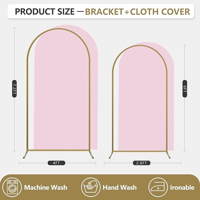 Arch Backdrop Stand and Cover Set, 2 Metal Balloon Arch Backdrop 7.2ft 6ft, Gold Arched Stand Frame for Wedding, Parties,Birthday, Event Decorations (Pale Pink,7.2ft+6ft)