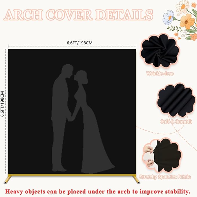 Metal Arch Stand and Cover Set Wedding Arches Backdrop Stands Square 6.6FTx6.6FT Portable Balloon Arched Frame Stand with Black Arch Cover Spandex for Wedding Birthday Party Ceremony Decor
