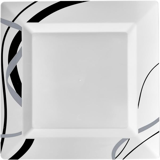 Oasis Creations White Square Plates with Geometric Black and Silver Lines 10" - 50 count - Premium Hard White Plastic -Disposable and Reusable-Salad Appetizer Dinner -Party Plate Set