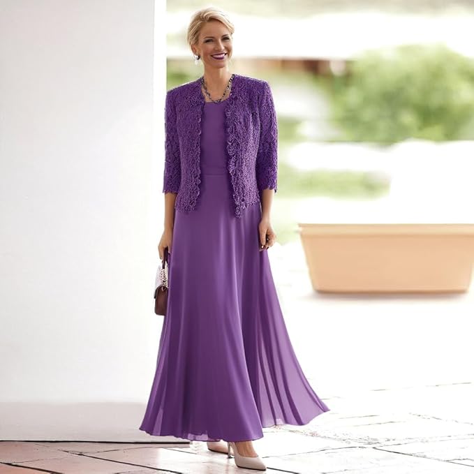 2 Pieces Mother of The Bride Dresses for Women Laces Mother of The Groom Dress 3/4 Sleeve Chiffon Formal Evening Dresses