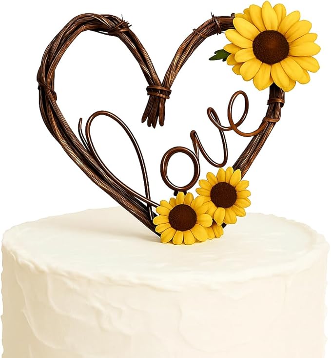 Love Cake Topper in Grapevine Twigs and Sunflowers for Engagement Party, Rustic Bride Shower, Wedding Receptions