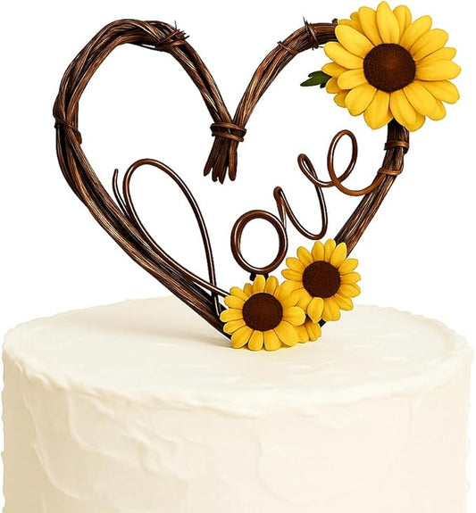 Love Cake Topper in Grapevine Twigs and Sunflowers for Engagement Party, Rustic Bride Shower, Wedding Receptions