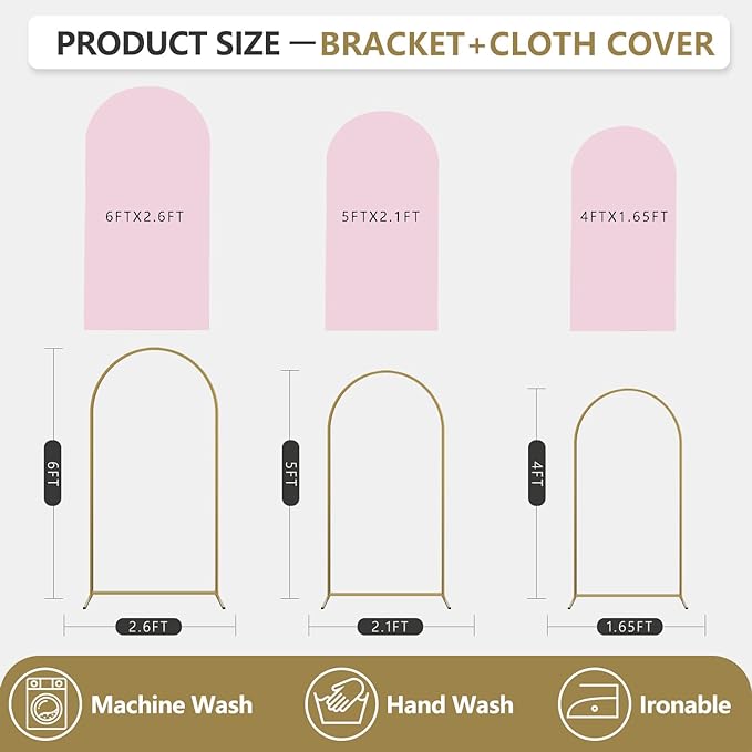 Arch Backdrop Stand and Cover Set, 3 Metal Balloon Arch Backdrop 4ft 5ft 6ft, Gold Arched Stand Frame for Wedding, Parties,Birthday, Event Decorations (Pale Pink,4ft+5ft+6ft)
