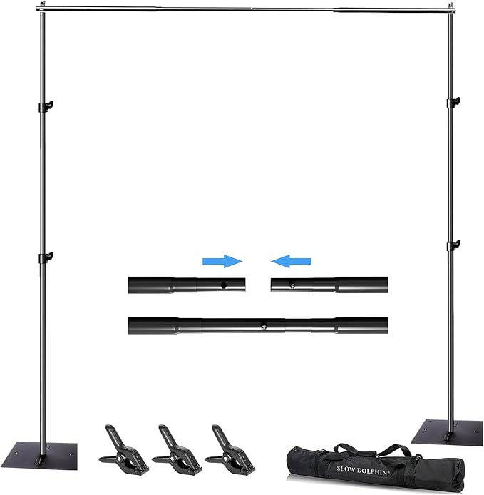 SLOW DOLPHIN Pipe and Drape Photography Backdrop Stand Kit Adjustable Photo Background Stand 10ft x 6.5ft with Metal Base for Parties Weddings Birthday Party Events Photo booth