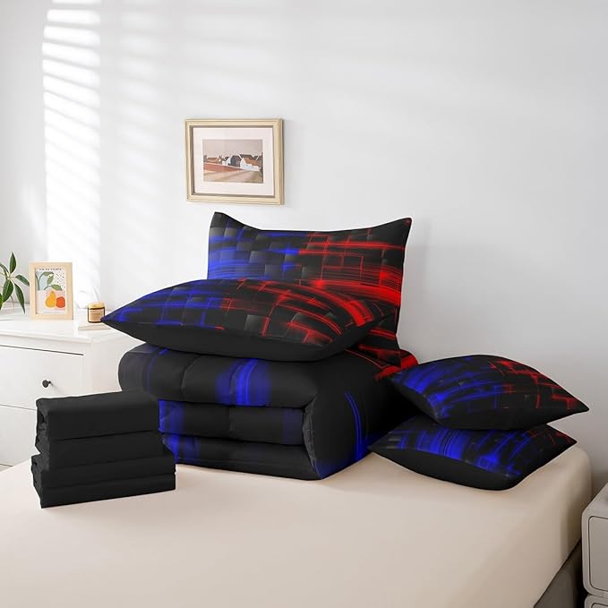 Feelyou Red and Blue Comforter Set with Sheets 7 Piece King Size Geometric Bed in a Bag Strip Lines Bedding Set Abstract Art Bed Set with Comforter, Sheets,Pillowcases,Cushion Covers