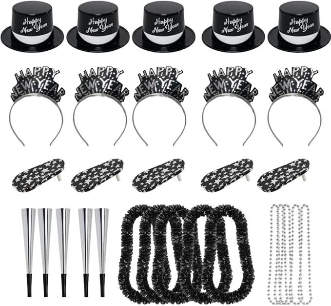 PMU New Year's Eve Party Supplies New Year's Eve Decorations Supplies, 2026 Silver Legend Illusion Party Kit Assortment for 10 Persons - Outfits for Adults, Men and Women (10/psn) Pkg/1