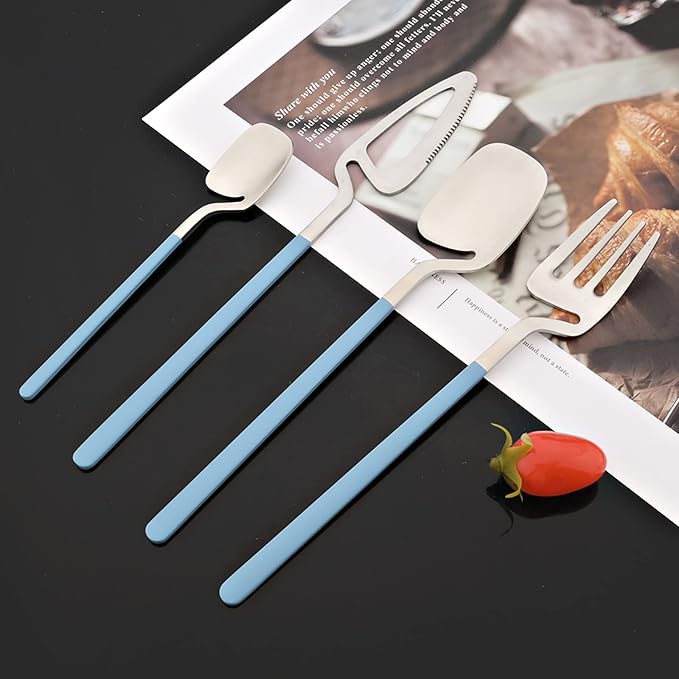 JASHII Silverware Set Satin Finish 24-Piece Stainless Steel Flatware Set Kitchen Utensil Set Service for 6 Tableware Cutlery Set Dishwasher Safe (Matte Blue Silver)