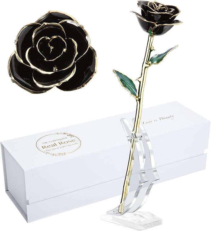 Gold Real Rose, Gold Dipped Rose Made from Real Rose Best Gifts for her and Great Gifts for Girlfriend, Black with Stand