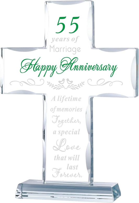 YWHL 55th Wedding Anniversary Glass Cross Gifts for Women Men, 55 Year Anniversary Religious Gift for Couple, Laser Engraved 55 Years of Marriage Party Decoration