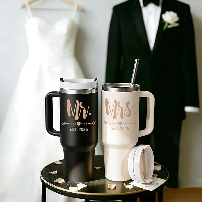 Qtencas Wedding Gifts for Couples 2026, Mr and Mrs Gifts 2026 Tumblers Set, Engagement Anniversary Wedding Gift for Newlyweds, Mr and Mrs Gift (Black & Beige)